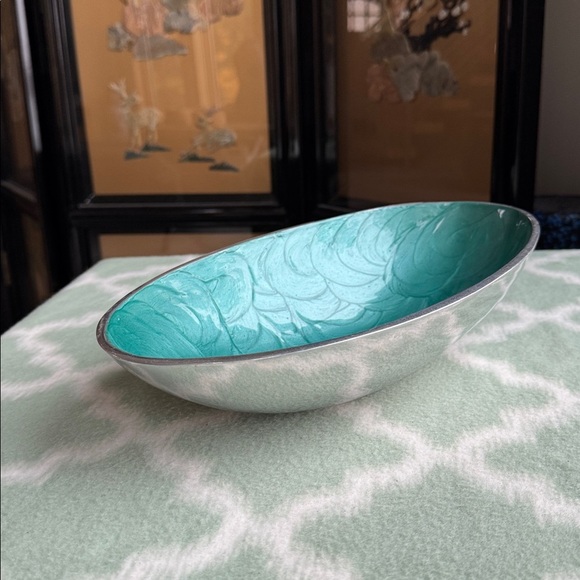 Modern aluminum Teal enamel asymmetrical Oval boat shaped Decorative Bowl - Picture 4 of 11